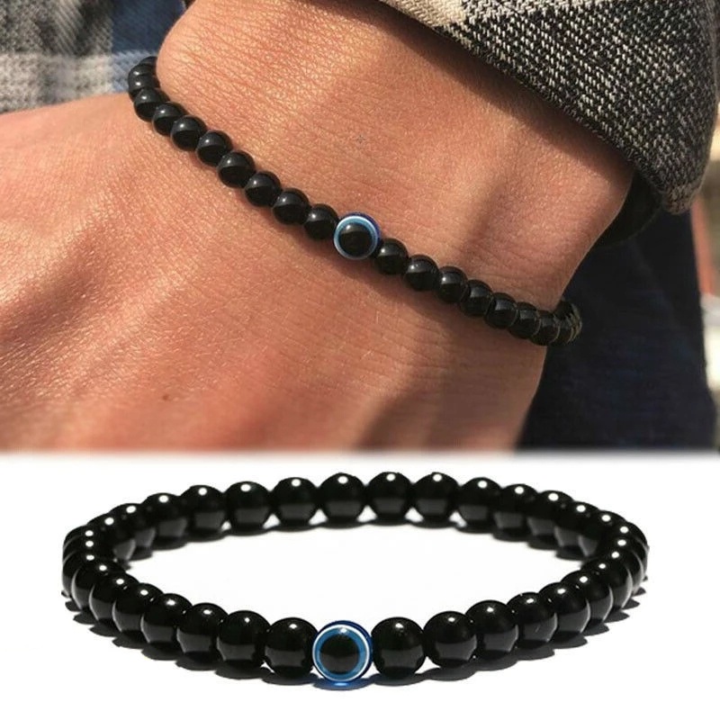 Gelang Manik-Manik Batu Obsidian Warna Hitam Untuk Pria Dan Wanita