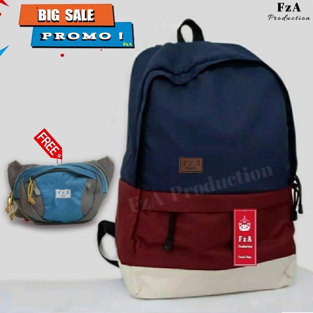 Tas Ransel Punggung Distro Casual Pria Wanita / Tas Ransel Laptop Original FzA FREE Waist Bag