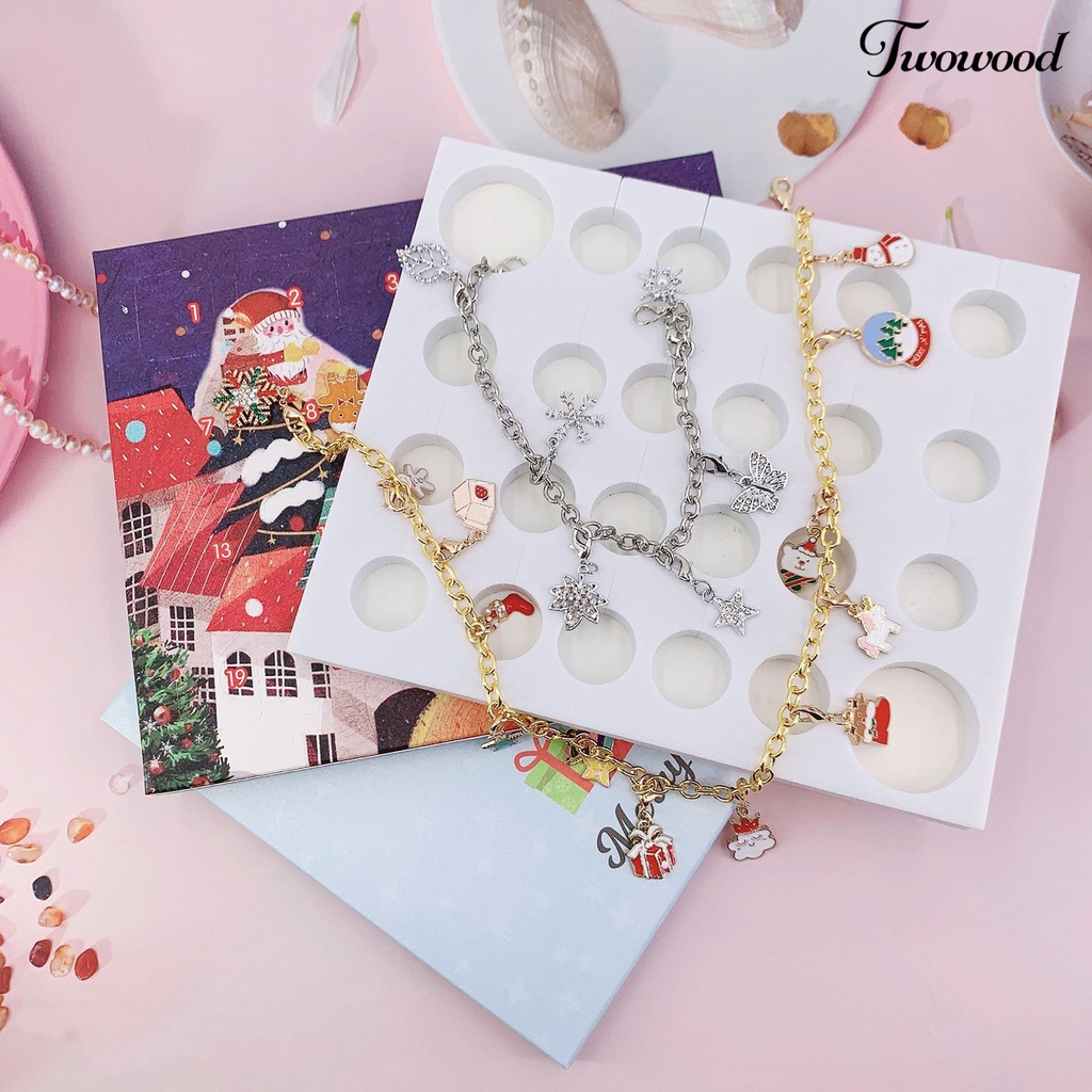 Twowood 1 Set Christmas Charm Calendar Snowflake Deer Snowman Cloud Decoration Girls Lightweight Dog Elk Bear Pendant Bracelet Necklace for Party