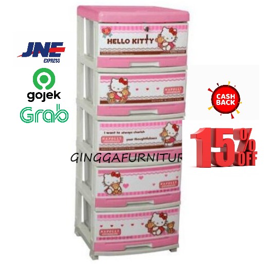 LEMARI PLASTIK LACI PLASTIK STOCK CASE RAK SERBAGUNA KARAKTER HELOKITTY NAPOLLY 5 SUSUN MURAH