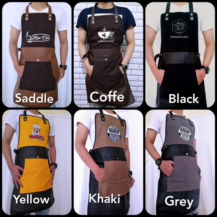 apron barista celemek barbershop celemek koki masak kombinasi kanvas tebal dan premium syntethic leather