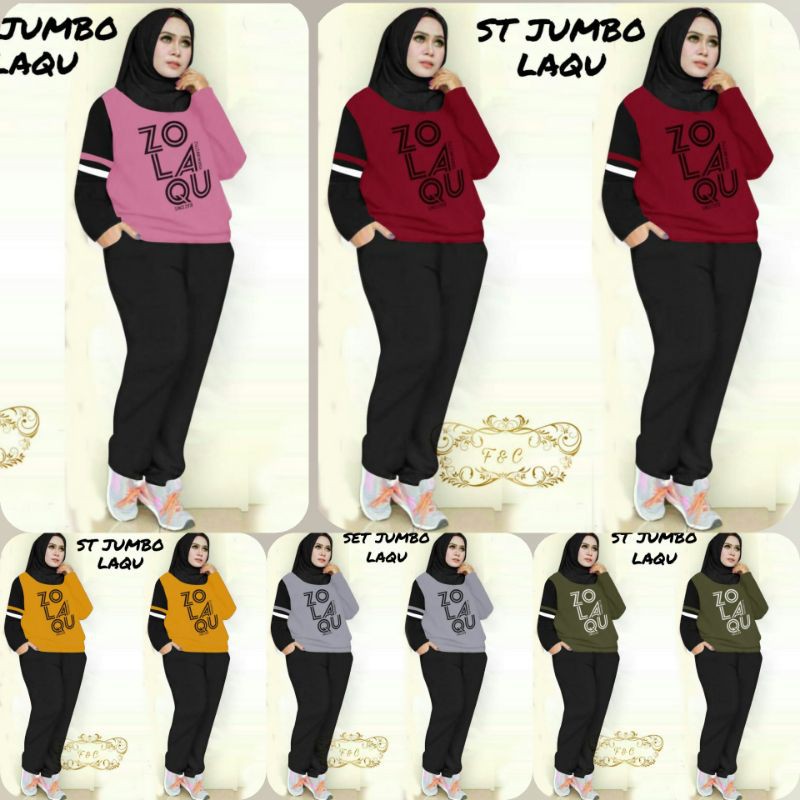 SET LAQU JUMBO FASHION PAKAIAN WANITA SETELAN ATASAN DAN CELANA TRAINING ZOLU BIGSIZE FEHM