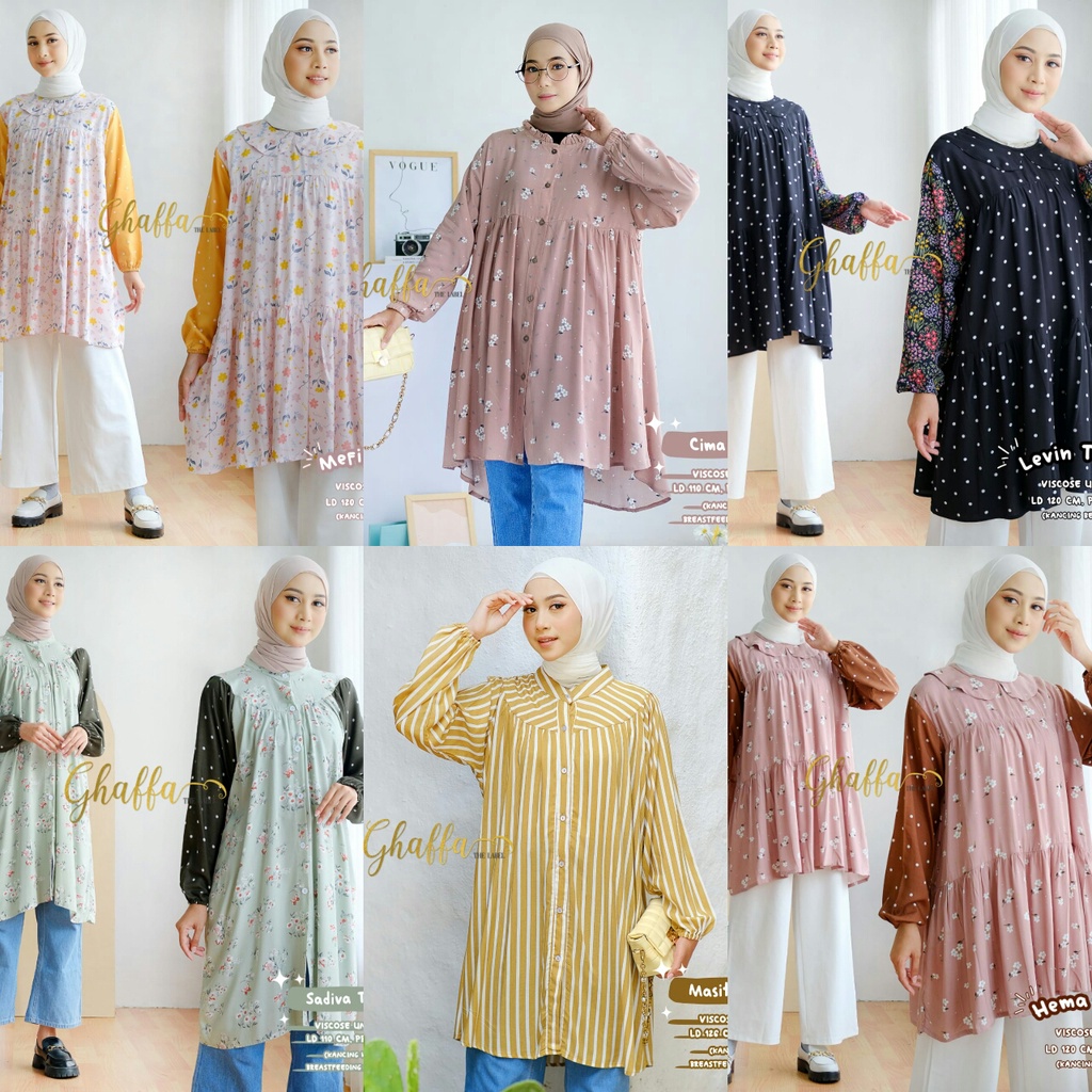 Atasan Tunic Tunik Kemeja Muslim Ghaffa Motif Bunga Polkadot best seller Korea Wanita Kekinian Vinta