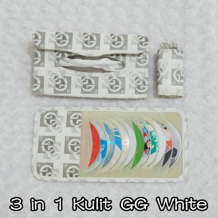 Set Tempat kotak cover sunvisor CD tissue tisu dompet kunci STNK mobil KuLiT Gucci putih 3 P