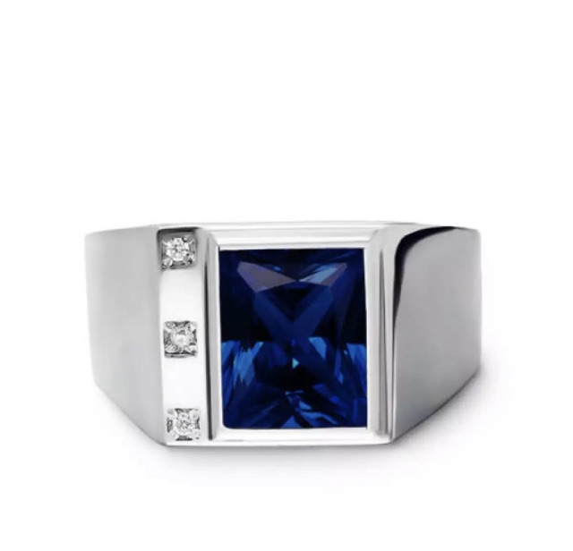 Cincin Pria Perak Safir Biru Mewah Elegan Minimalis Blue Saphire