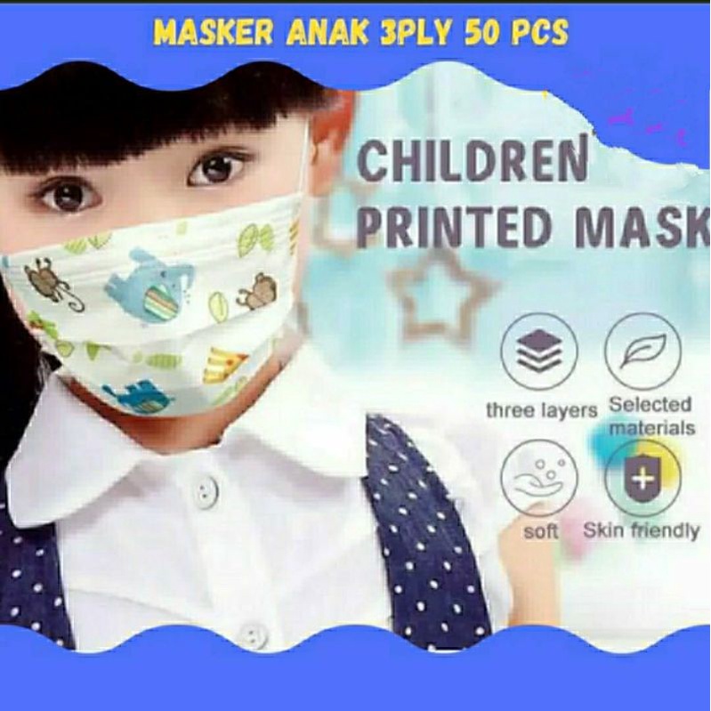 Masker anak 3ply earloop motif gambar 4thn -12 thn