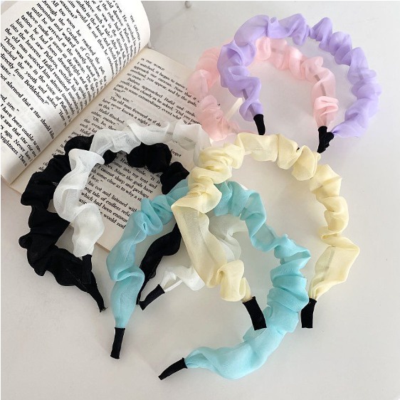 BANDO KERUT PASTEL - BAHAN SIFON ALA KOREA - Bando Scrunchie Motif Polos Glitter