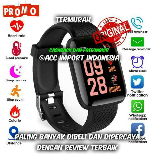Jam tangan pintar Smartwatch 116 Plus smartband waterproof ukur detak jantung darah