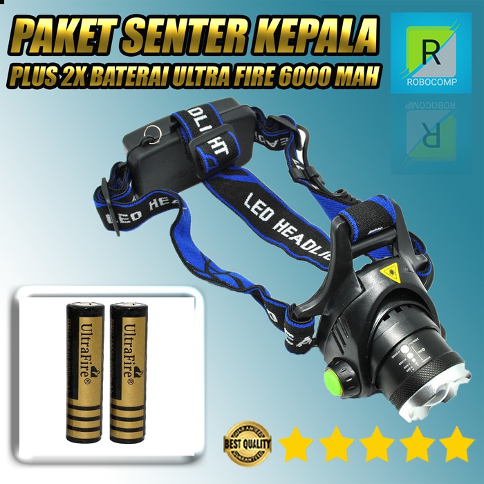 Paket Senter Kepala 1 LED Cree XML-T6 + 2pcs Beterai