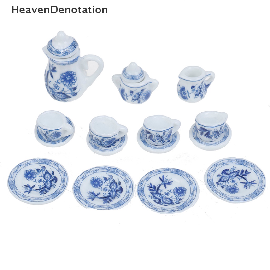 (Heavendenotation) 15pcs Miniatur Cangkir Teh / Kopi Porselen Motif Bunga Biru Skala 1: 12 Untuk Rumah Boneka