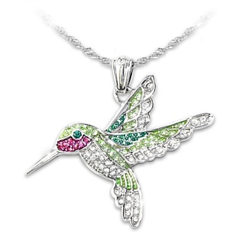 Kalung Rantai Liontin Burung Kolibri Warna Silver Hias Kristal Untuk Wanita