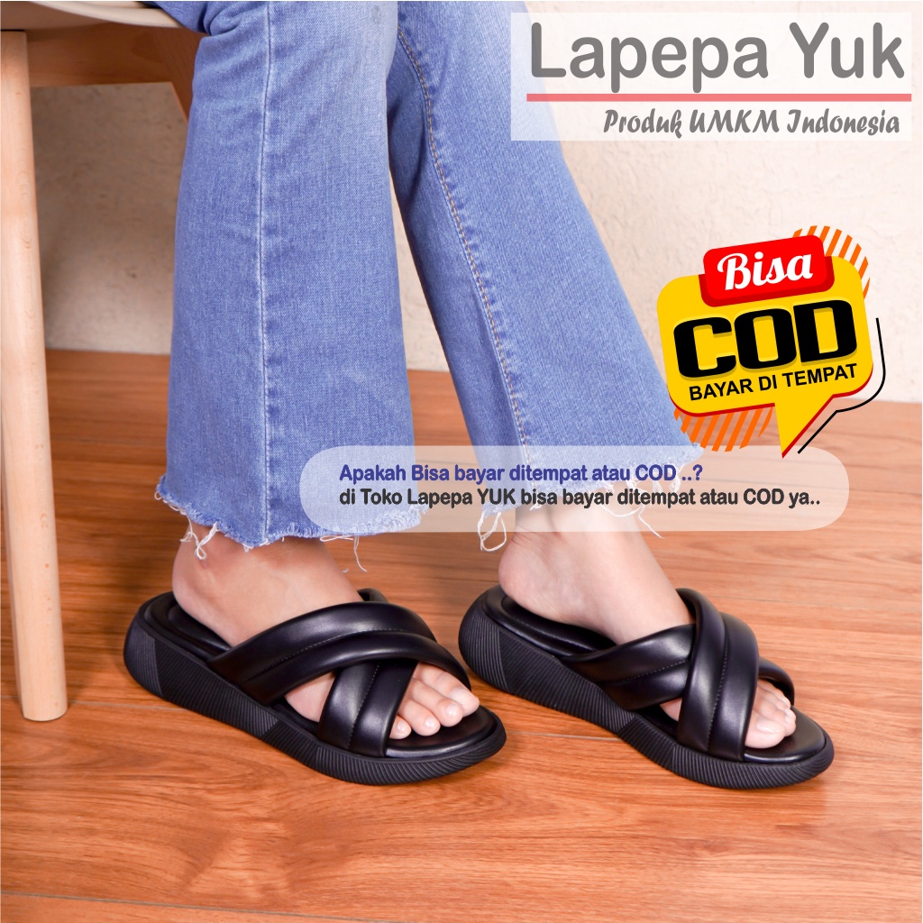 LAPEPA YUK - Sandal Wanita Wedges NADHIRA Sendal Cewek Platform Kondangan Hak Tinggi Model Silang 2 Size 36 37 38 39 40 41 Pergi Jalan Casual Santai Rumah Slop Warna BLACK Hitam Selop Promo Premium Original Kekinian Terbaru Shoes ORI Mall Official Store