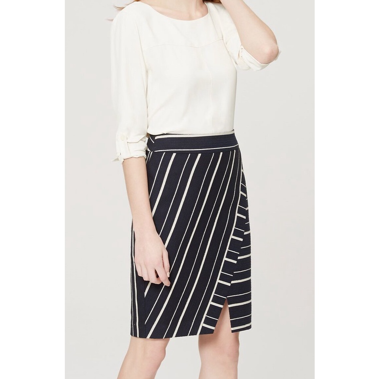 LOFT WOMEN Cotton Striped Wrap Pencil Skirt Fresh Navy