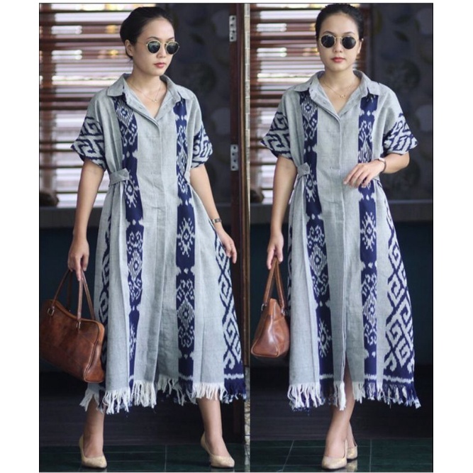 READY STOCK - Dress Tenun Modern - dress tenun Model kerah - baju tenun modern kekinian long dress t