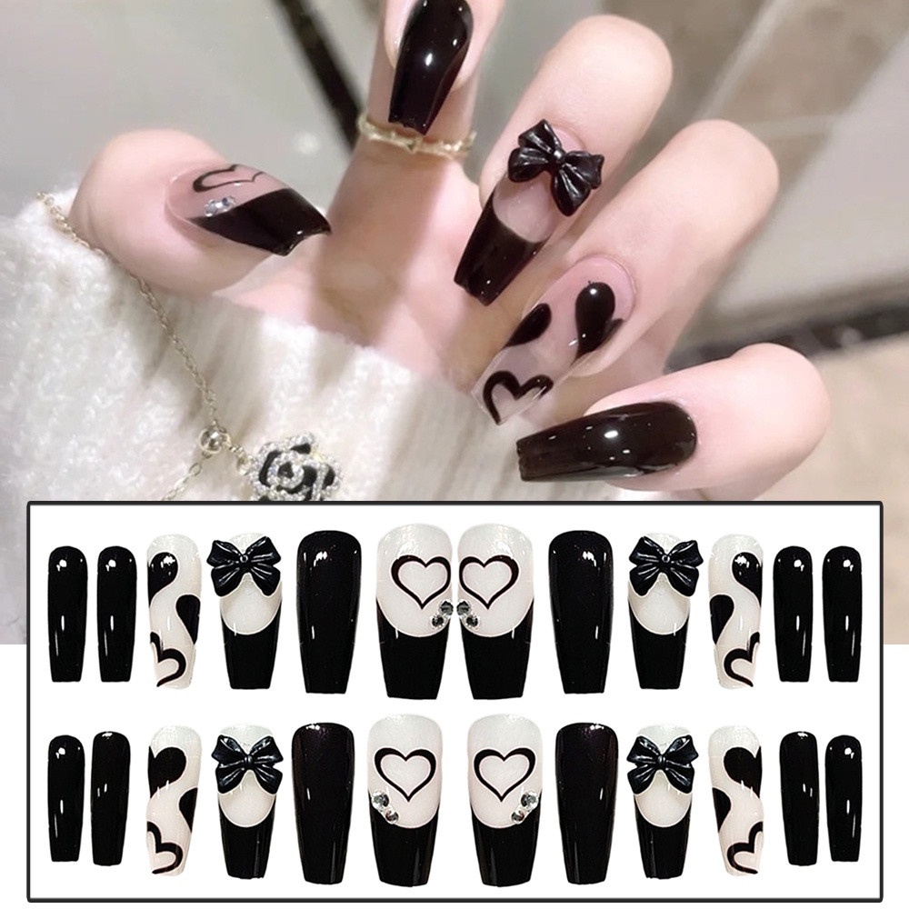 24pcs Kuku Palsu Warna Hitam Putih Hijau Wearable Untuk Dekorasi Nail Art