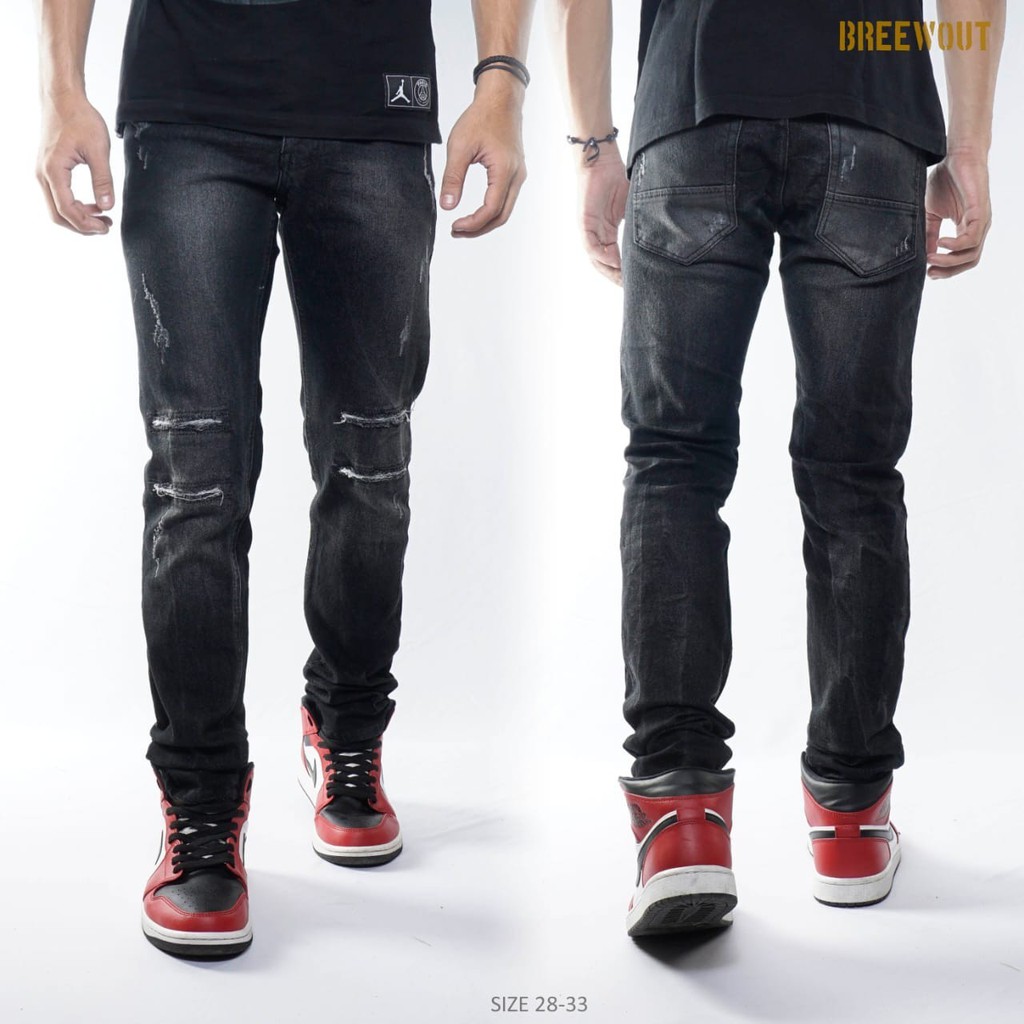 Jeans Sobek Pria Jeans Sobek Snow Black Original Jeans Pria Sobek Lutut Celana Jeans Panjang