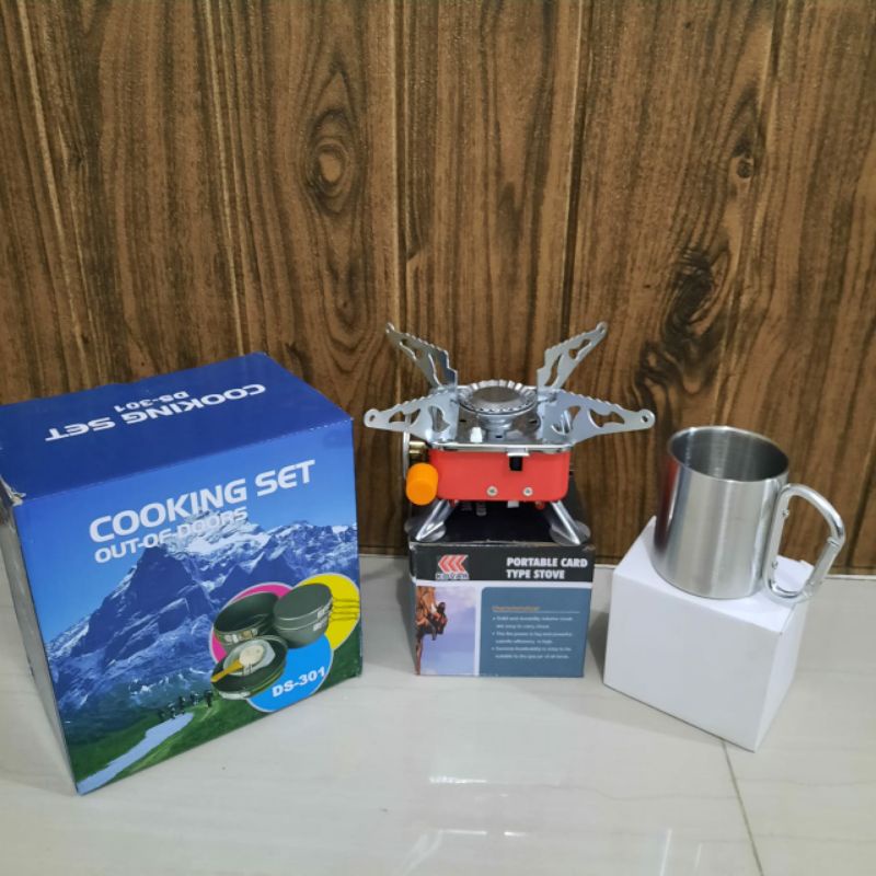 paket kompor kotak dan gelas/Kompor outdoor/Kompor Gunung/Gelas stainless