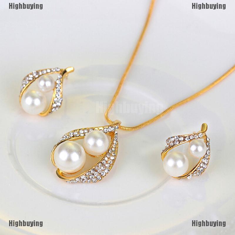 Set Perhiasan Wanita,Kalung Rantai Liontin + Anting Tusuk Gantung + Cincin Aksen Kristal + Mutiara Imitasi