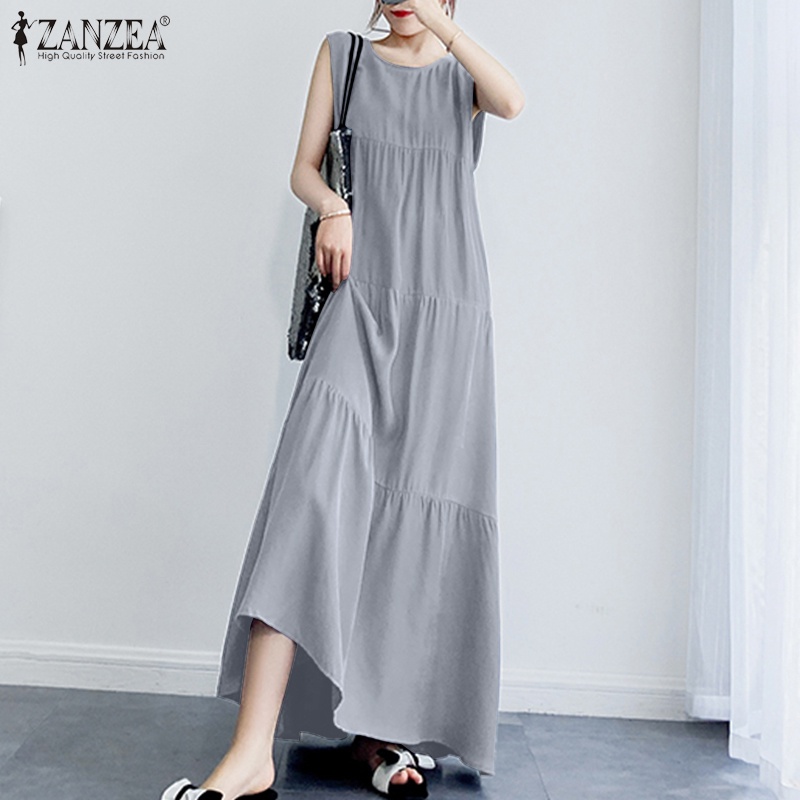 ZANZEA Women Casual Sleeveless Ruffles Hem O-Neck Layered Maxi Dress