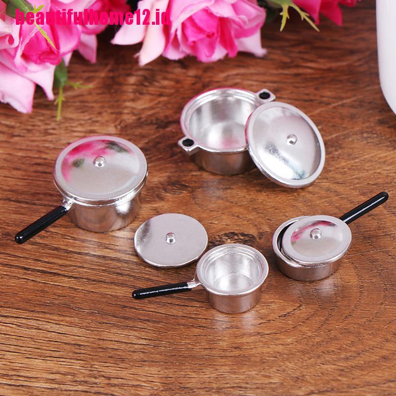 【beautifulhome12.id】4Pcs 1:12 Dollhouse Miniature Metal Mini Pot Set Doll House Kitchen Furnitures