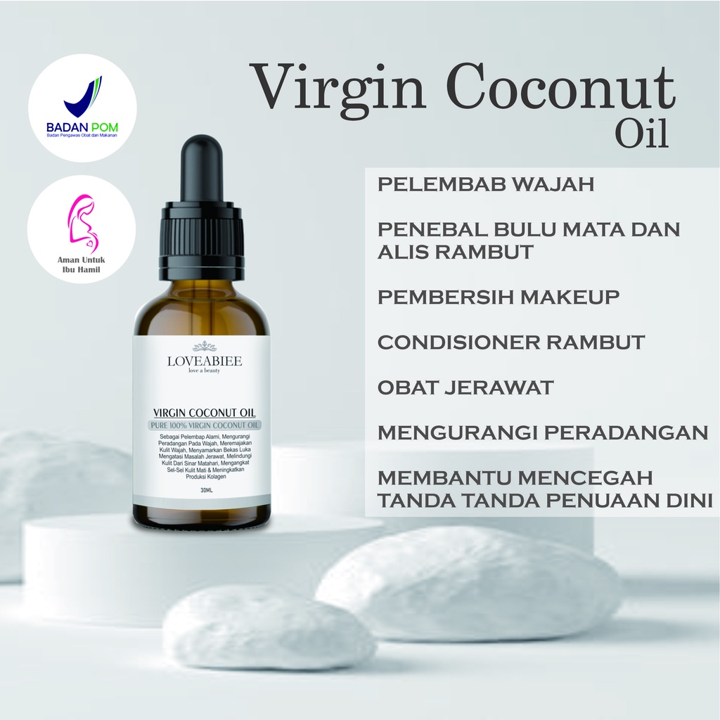 Virgin Coconut oil 30 ML Melembabkan kulit Mengurangi kerutan di wajah Mengatasi jerawat Membantu penyembuhan luka Mencegah stretchmark Mencegah bakteri dan jamur di kulit Melembabkan rambut dan kulit kepala Mencegah ketombe Membuat rambut berkilau