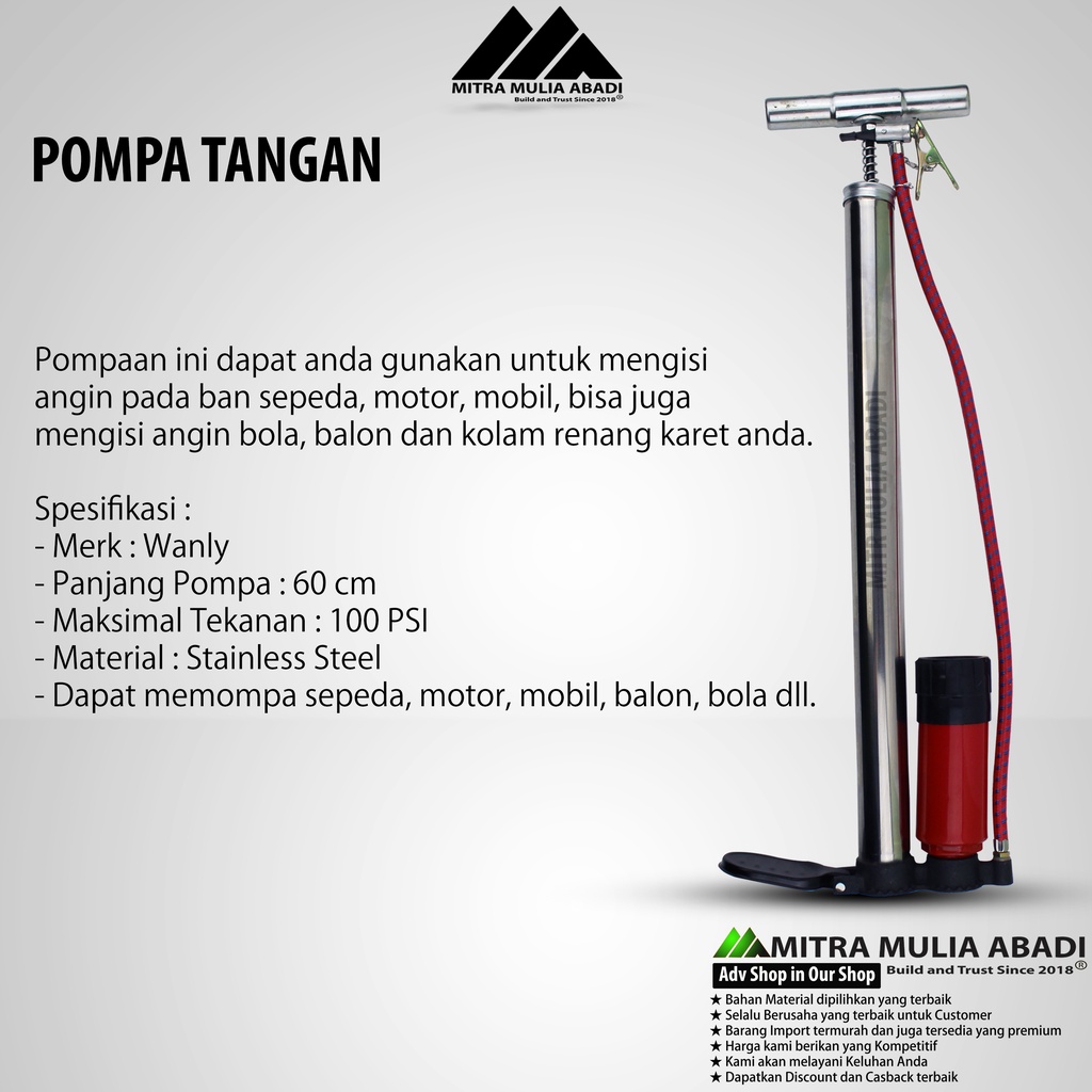 Pompa Angin Sepeda Motor Bola Tangan Standart 100psi 7bar Stainless | WANLY