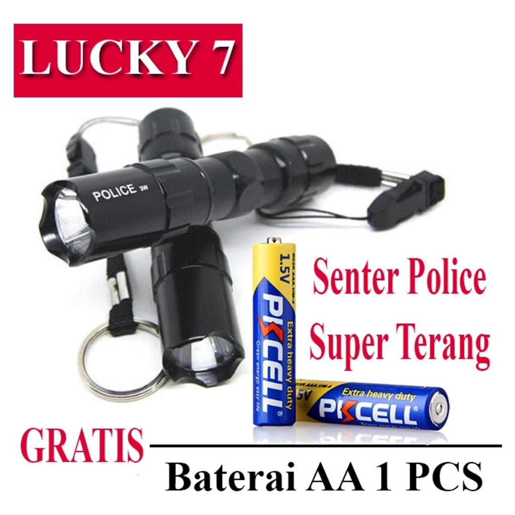 Senter Polisi 3W Lucky 7 Mini Flashlight GRATIS BATERAI AA Senter LED Mini Super Terang