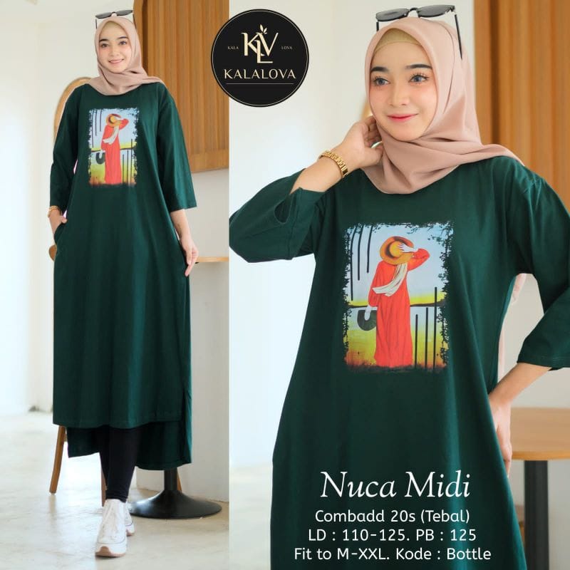 Pakaian Muslim Wanita Terbaru Nuca Midi Dress Jumbo Baju Remaja Perempuan Midi Dress Combed 20s Aksen Sablon