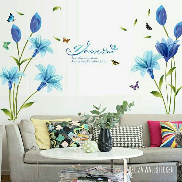 RELIZA WALL STICKER BUNGA LILY BIRU BLUE FLOWERS SK9122A STIKER DINDING