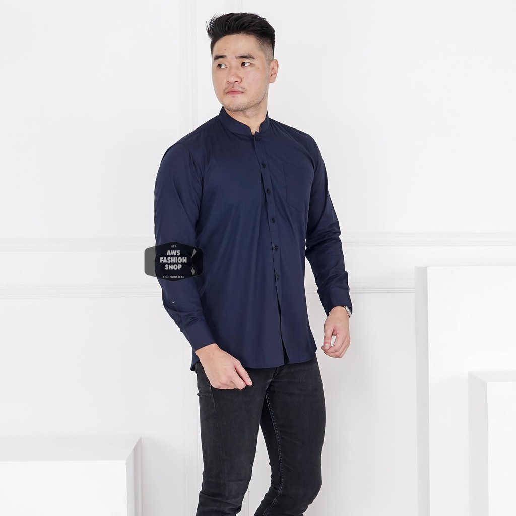 Kemeja Panjang Biru Navy Dark Blue Kerah Shanghai Pria Cowok Casual