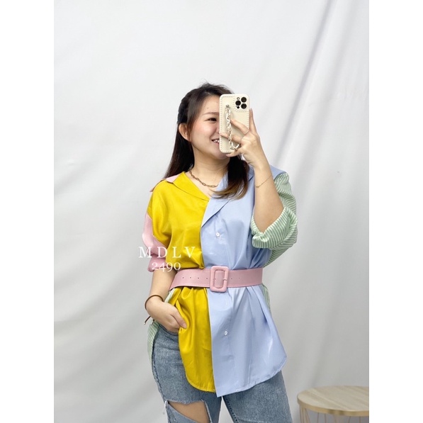MDLV ~ 2490 Estrillian Patchwork Shirt Free Belt Women Rainbow Shirt Cotton / Kemeja Lengan Panjang