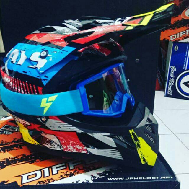 PAKET helm cross JPX Seven Days For Win Black+ Goggle LY 100 Racecraft Premium Blue