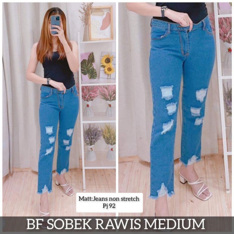 FREE BELT!! Boyfriend Jeans Cewek Sobek Ripped Rawis / Celana Jeans Wanita Ripped lutut kekinian