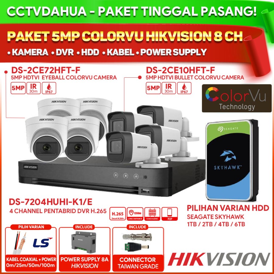 PAKET CCTV HIKVISION 8CH 5MP 8 KAMERA COLORVU HIKVISION SIAP PASANG