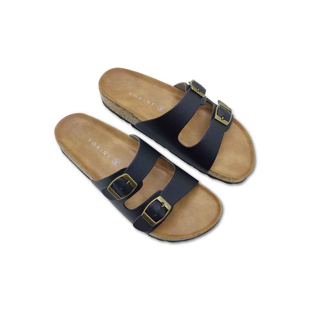 Sandal Selop Briken Wanita Tali Double Gesper Footbed Casual Model Kekinian REINA