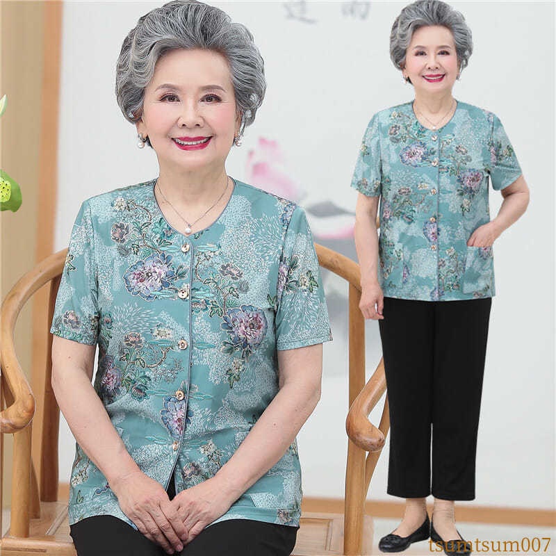 Gaun Nenek Gaun Lengan Pendek Atasan Tipis Ibu Musim Panas