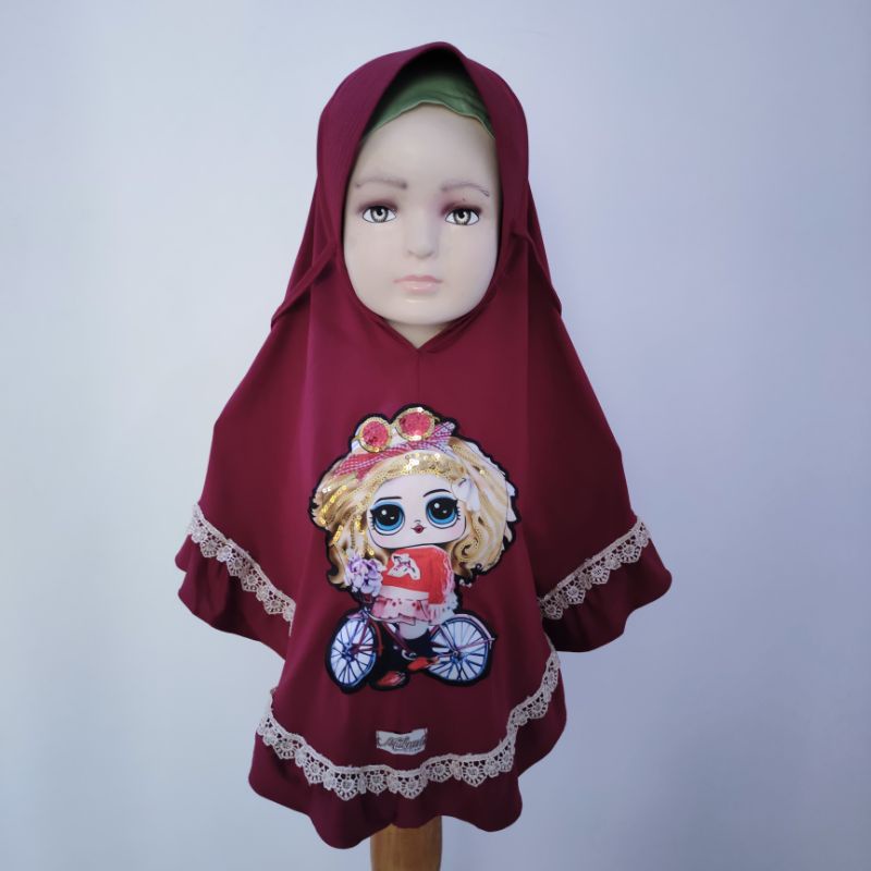 Jilbab anak 4 5 6 7 8 tahun lol lampu rempel renda lucu ( jilbab Lola )