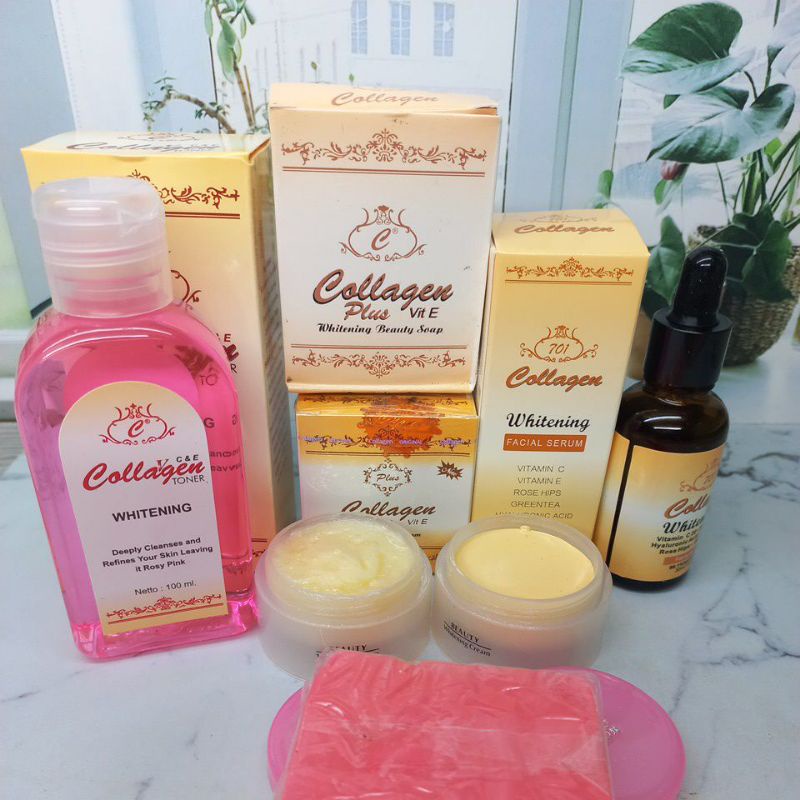 PAKET CREAM COLLAGEN KOMPLIT 5IN1 (CREAM SIANG +MALAM,TONER,SERUM,SABUN)