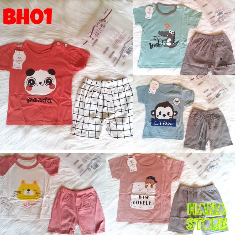 B ( BH01 ) BAJU SETELAN LENGAN PENDEK ANAK / PAKAIAN ANAK VERSI KOREA BAHAN KATUN FREE POUCH