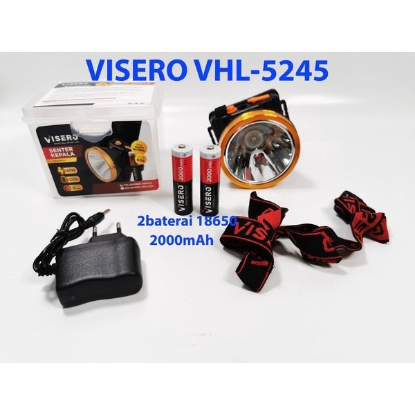 Senter Kepala LED VISERO 45w VHL-5245 Head Lamp Dobel Baterai Lepas Charger Baterai Lithium 18650 Bisa Dilepas 2x 2000Mah Outdor Super Terang Headlight 45 Watt  Sinar Putih &amp; Kuning Original Termurah Belor Batre