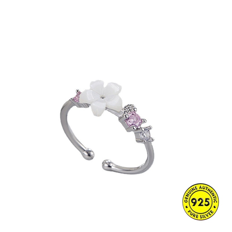 Cincin S925 Silver Bentuk Bunga Sakura Aksen Berlian Untuk Wanita