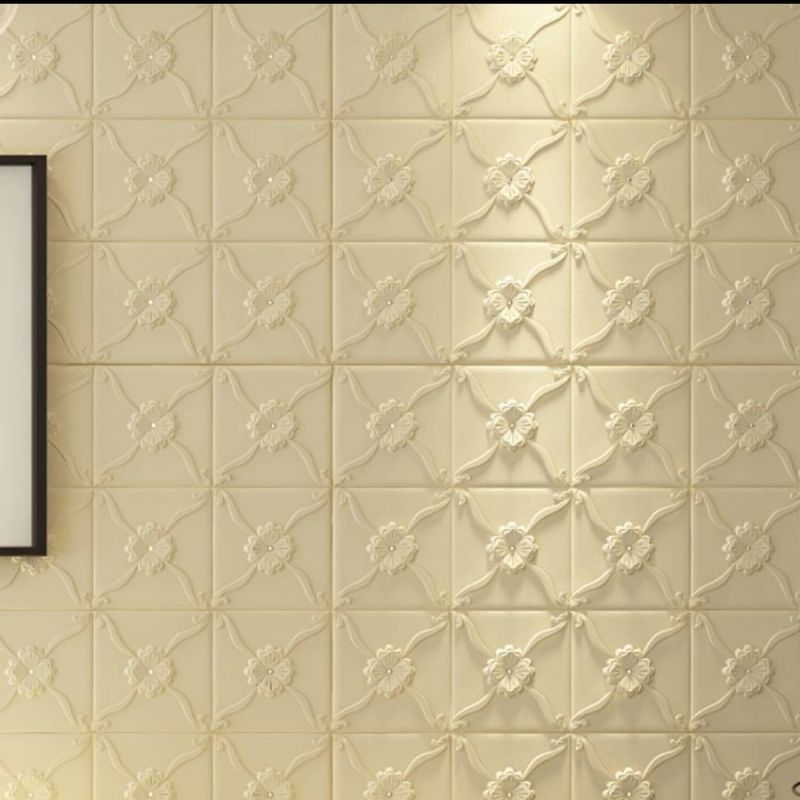 wallpaper sticker foam 3D permukaan timbul motif bunga klasik kuning krem