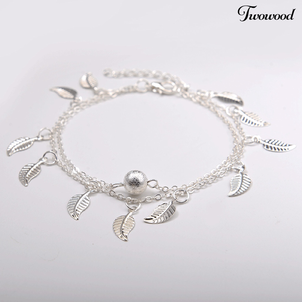 Gelang Kaki Rantai Dua Lapis Dengan Liontin Daun Dapat Disesuaikan Tahan Lama Untuk Wanita