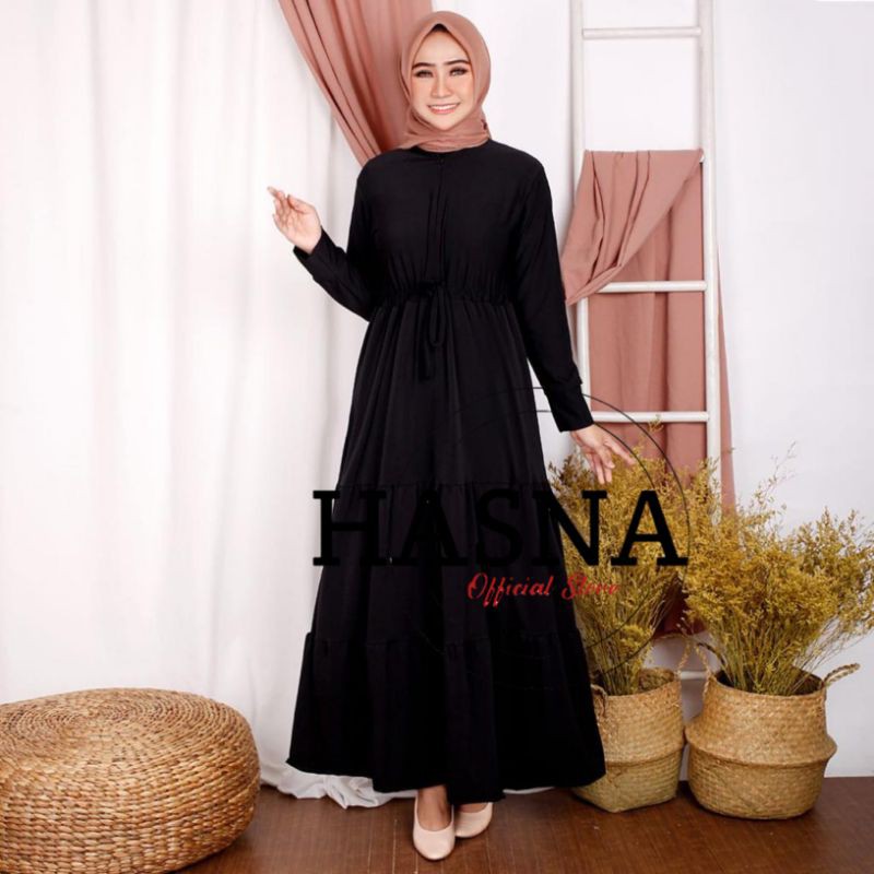 Gamis polos jersey premium syari dewasa busui rempel susun warna hitam adem bahan jatuh