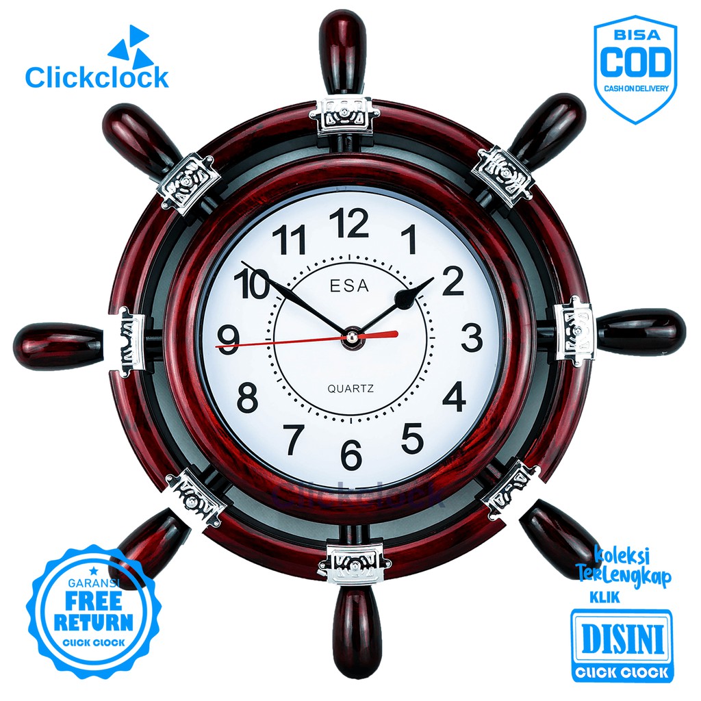 Jam Dinding Quartz Jangkar Kemudi Kapal Coklat Esa E30 Besar Hiasan Rumah Murah