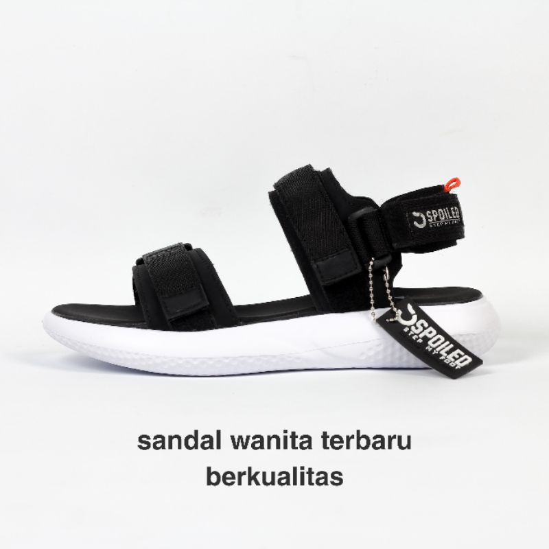 Spoiled - Fuji Yama 02 Black White Sandal Cewek Wanita Perempuan Murah Sendal Tali Karet Sepatu Gunung Traveling Korea Casual Kekinian Tali Strap KZG Import Lokal Bandung Original Ori Cewe Kekinian Kasual Hak Tinggi Fashion-Black - KZG 02
