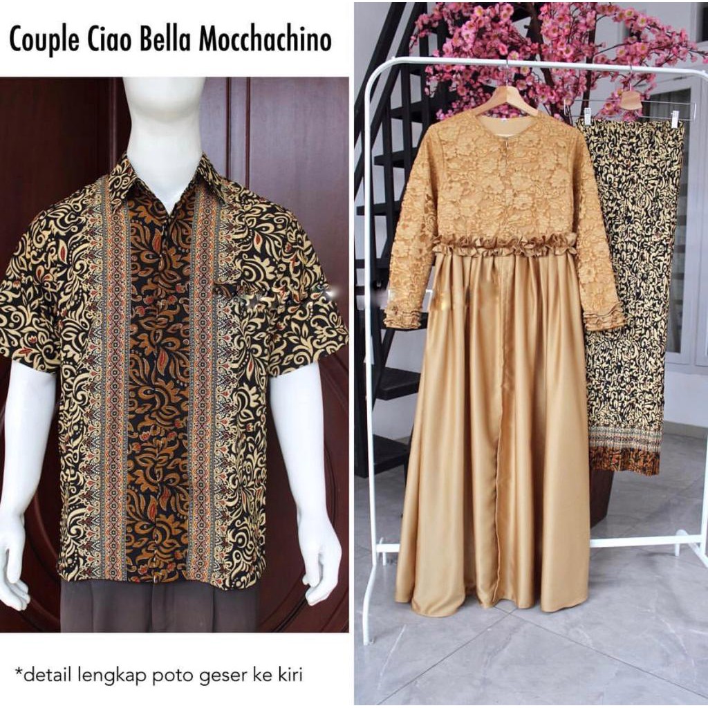 Couple Batik Mika Longdress Gamis Brukat Wanita dan Kemeja Batik Pria