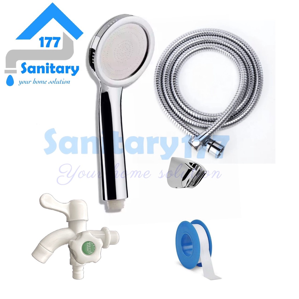 Paket Shower Hemat Air 9959 &amp; kran cabang double cabang pvc KB- Super Hand Shower set murah semprotan mandi complete set