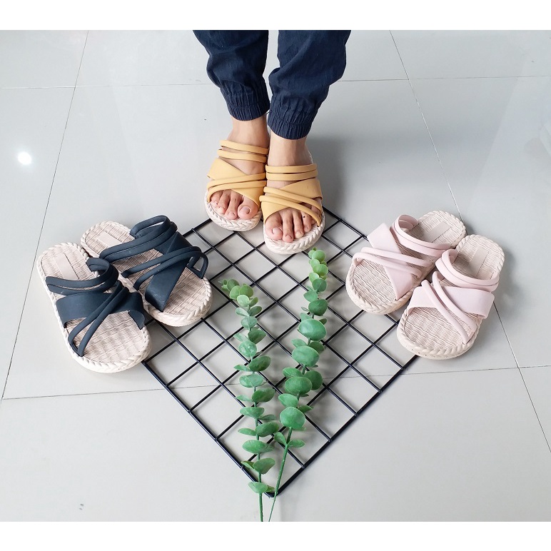 gof PUFFY Import TALI ROTAN TIDAK LENGKET Sepatu Sandal Wanita Teplek Sepatu Sandal Cewek Flat J