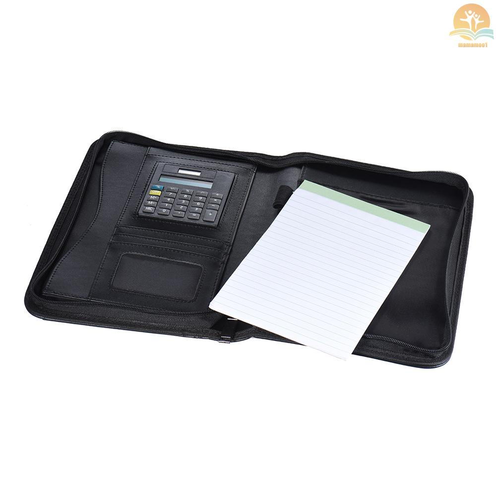 Portable Professional Business Portfolio Padfolio Folder Document Case Organizer A5 PU Leather Zippered Closure with Calculator Card Holder Memo Note Writing Pad